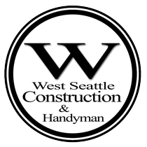 Black and white circular logo with a large “W” above the text “West Seattle Construction & Handyman.”.
