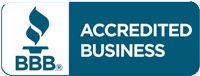 BBB Accredited Business logo with a torch icon on the left and the words “Accredited Business” on a blue background to the right.