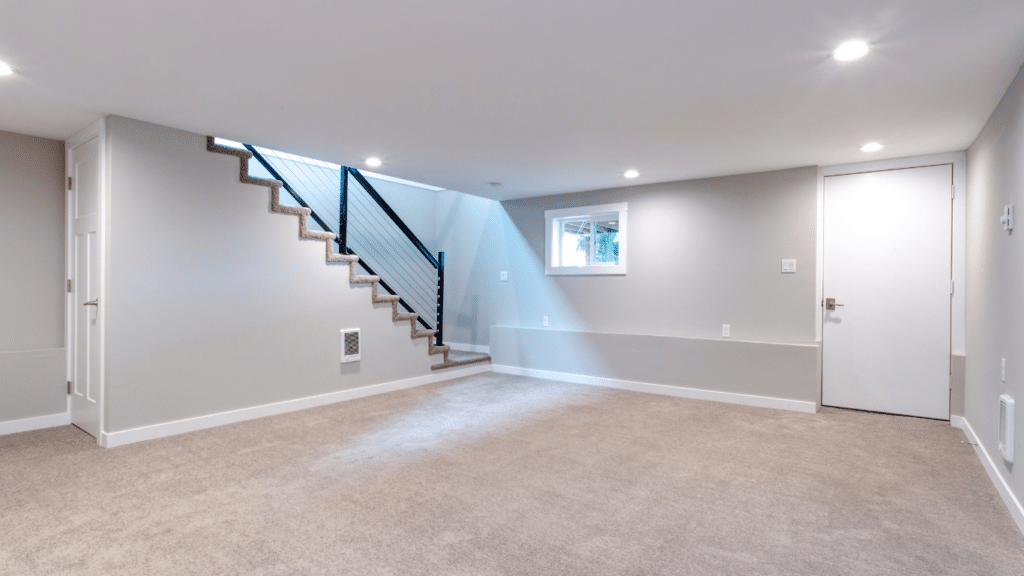 Finished basement room with beige carpet, white walls, a small window, a white door, and a staircase with a black railing leading upstairs. Expertly completed by a West Seattle remodeling contractor, this inviting space is brightly illuminated by ceiling lights.