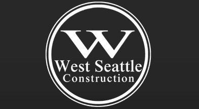 White circular logo with a large “W” above the words “West Seattle Construction” on a dark background.
